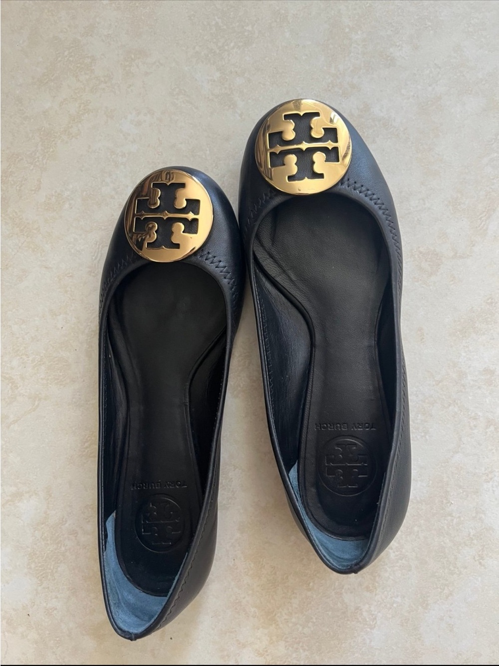 Tory Burch Black Leather Reva Ballet Flats with Gold Logo